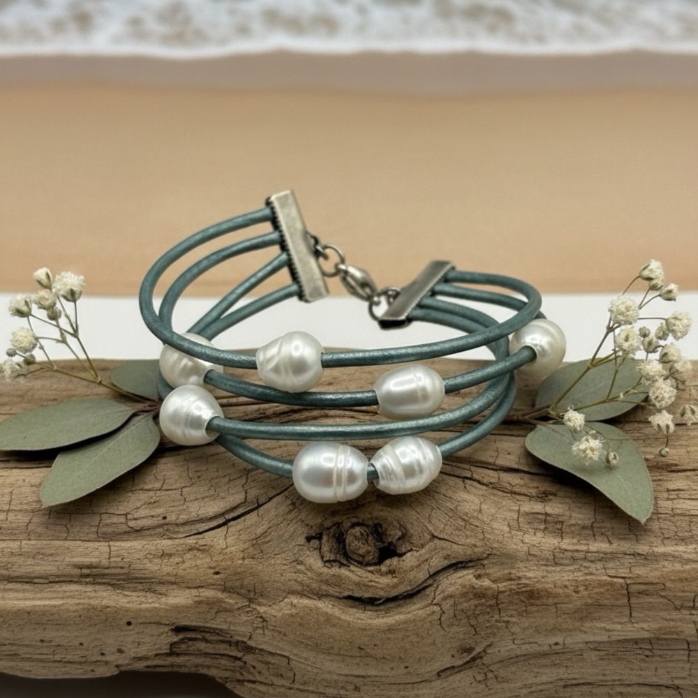 Bracelet Multi Strand Teal  Leather and Pearl